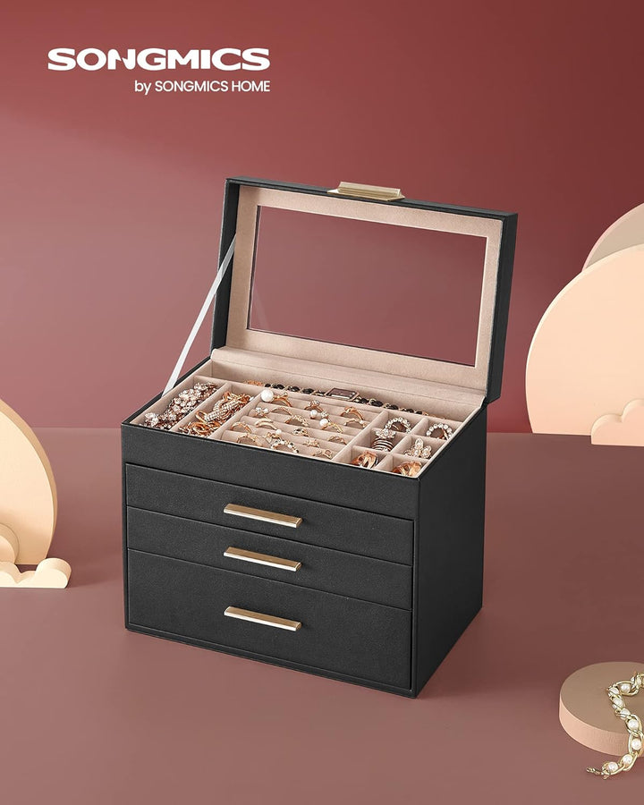 SONGMICS Schmuckkästchen, Schmuckkasten mit 4 Ebenen, Schmuckbox mit Glasdeckel, 3 Schubladen, für S