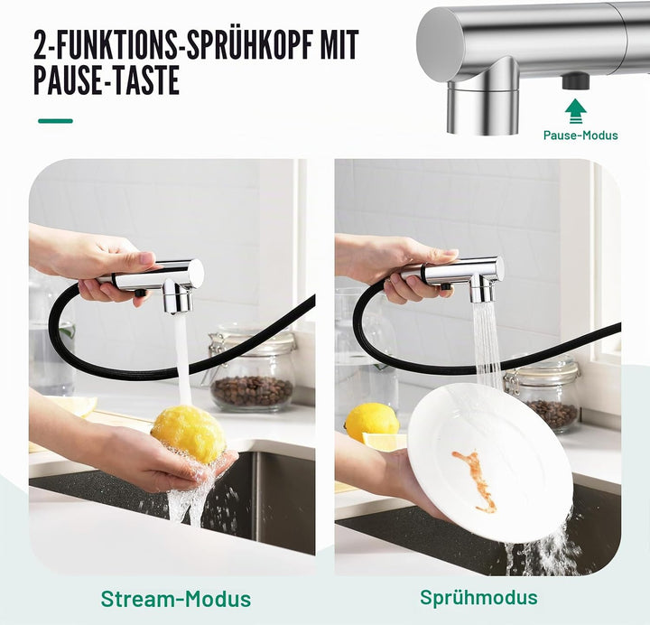 CREA Wasserhahn Küche mit 3 Funktionen Brause, Küchenarmatur mit Ausziehbarem Brause, Mischbatterie