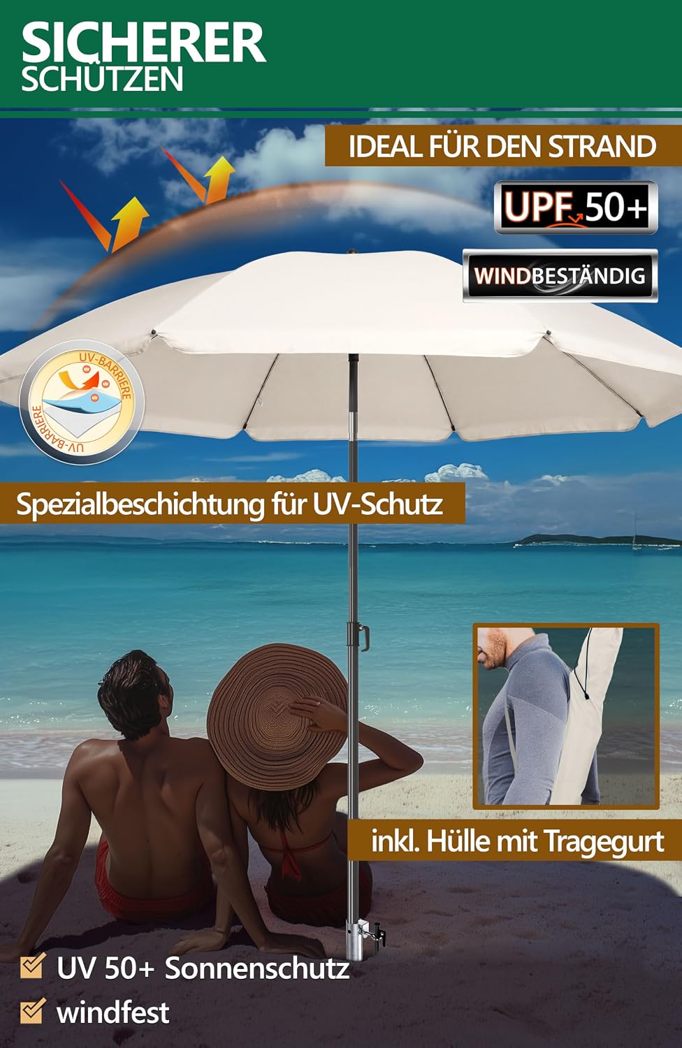 4smile Sonnenschirm Strand 3-in-1 Set, Ø 180 cm, Beige, Strandschirm Windfest Stabil, UV50 Sonnensch