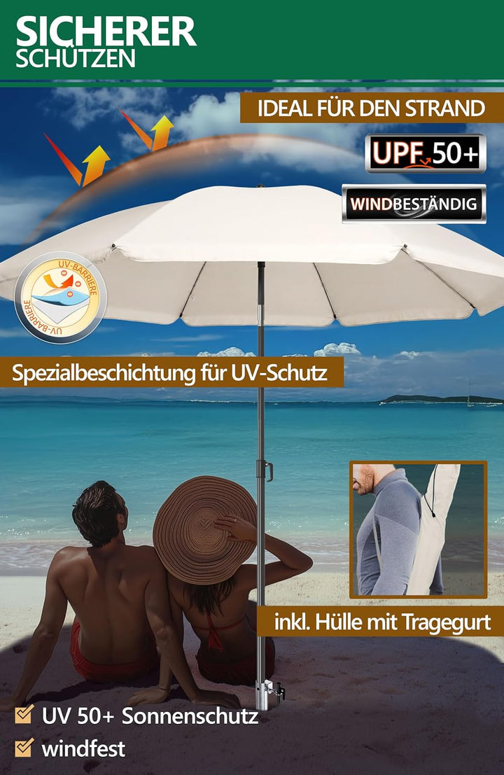 4smile Sonnenschirm Strand 3-in-1 Set, Ø 180 cm, Beige, Strandschirm Windfest Stabil, UV50 Sonnensch