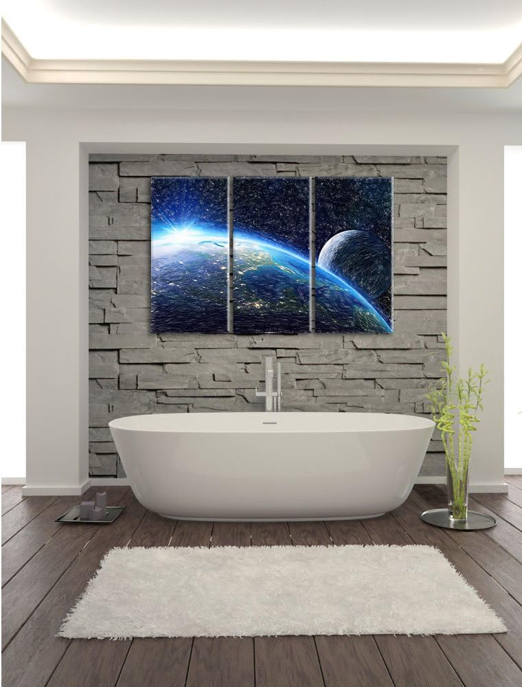 Pixxprint Die Erde und Ihr Mond aus dem All Bunstift Effekt 3-Teiler Leinwandbild 120x80 Bild auf Le