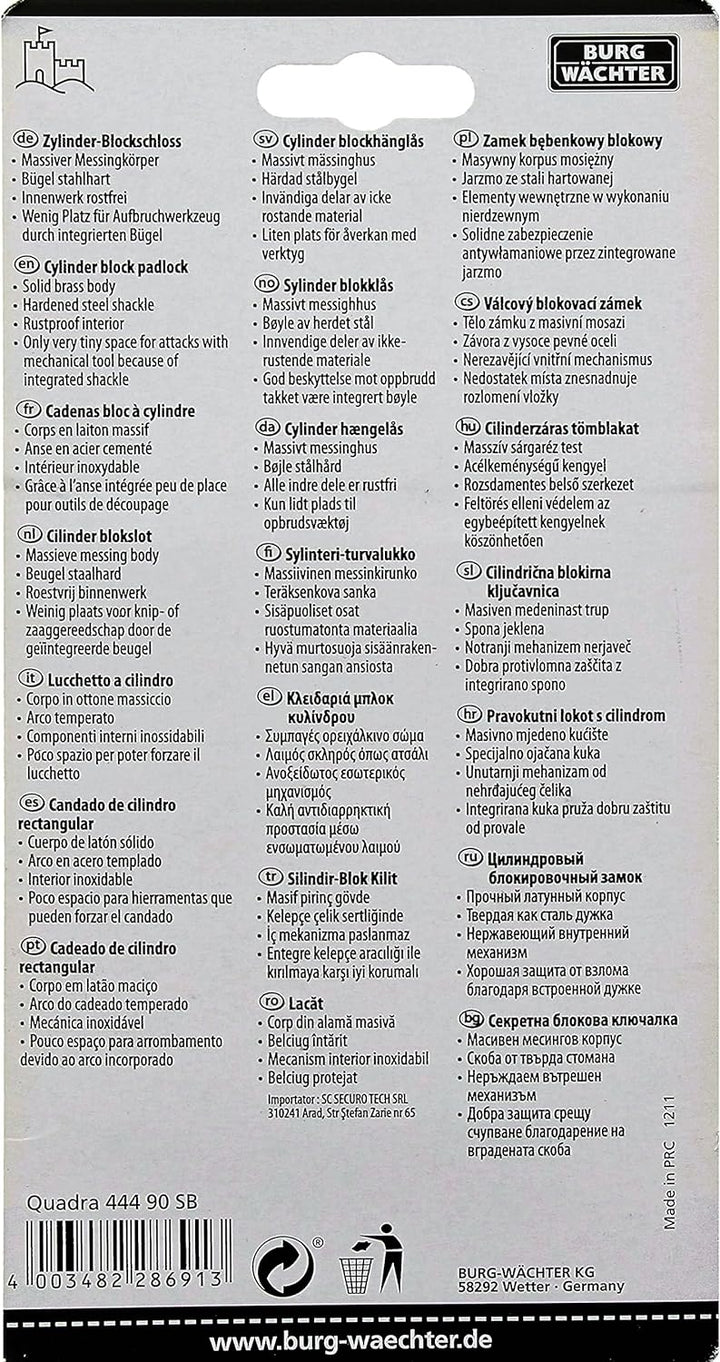 Burg Wächter Vorhängeschloss, Quadro 444 90 SB, Inkl. 2 Schlüssel, Bügelstärke: 12 mm Messing