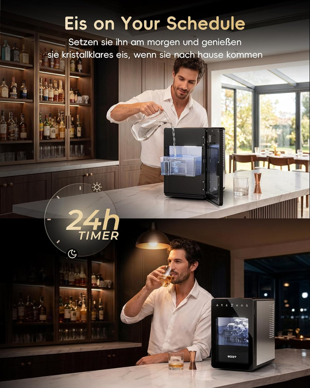 ecozy 50mm Eiswürfelmaschine für Grosse Klare Würfel, Transparentes Eis in 30 Min mit Eco-Modus, 24h
