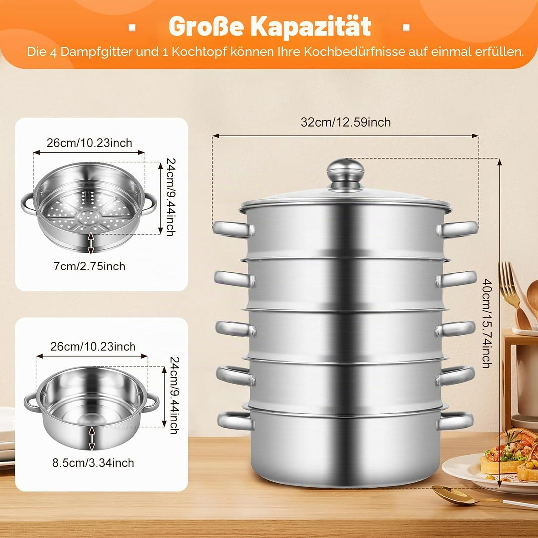 5-stufiger Edelstahl-Dampfgarer, lebensmittelecht mit Glasdeckel Dampfgarer, faltbarer Dampfgarer mi