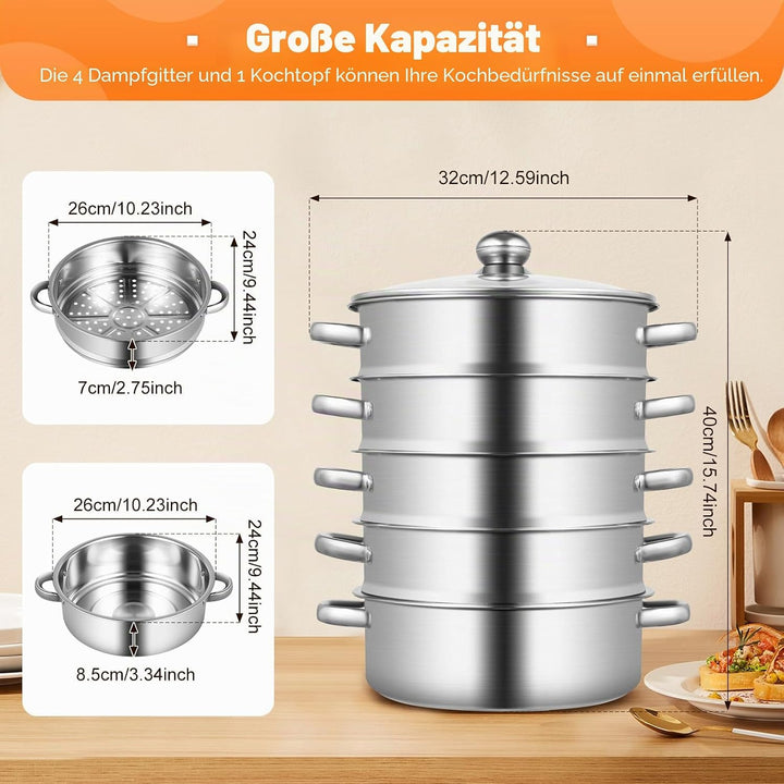 5-stufiger Edelstahl-Dampfgarer, lebensmittelecht mit Glasdeckel Dampfgarer, faltbarer Dampfgarer mi
