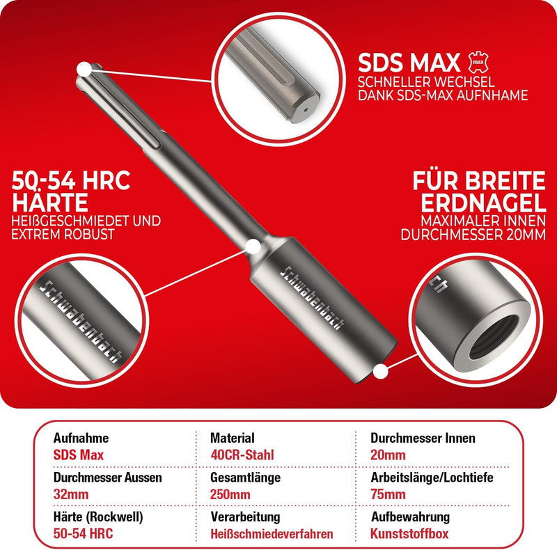 SCHWABENBACH ® SDS MAX Erdnageleintreiber zum Einstecken von Tiefenerder 250 x Ø 32 mm, Innen Ø 20 m