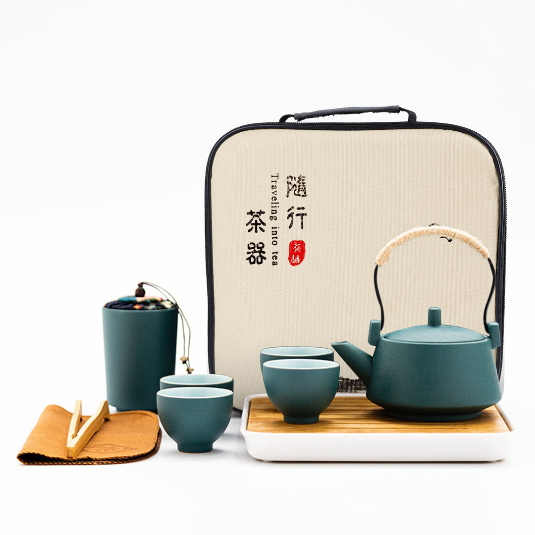 fanquare Japanisches Tragbare Reise Tee Set mit Reisetasche, Grün Chinesisches Tee Set aus Keramik,