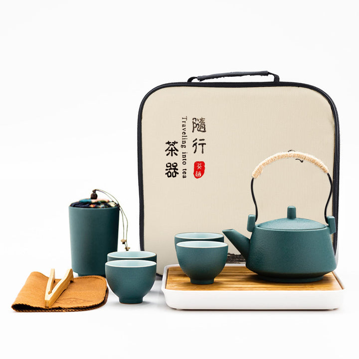 fanquare Japanisches Tragbare Reise Tee Set mit Reisetasche, Grün Chinesisches Tee Set aus Keramik,