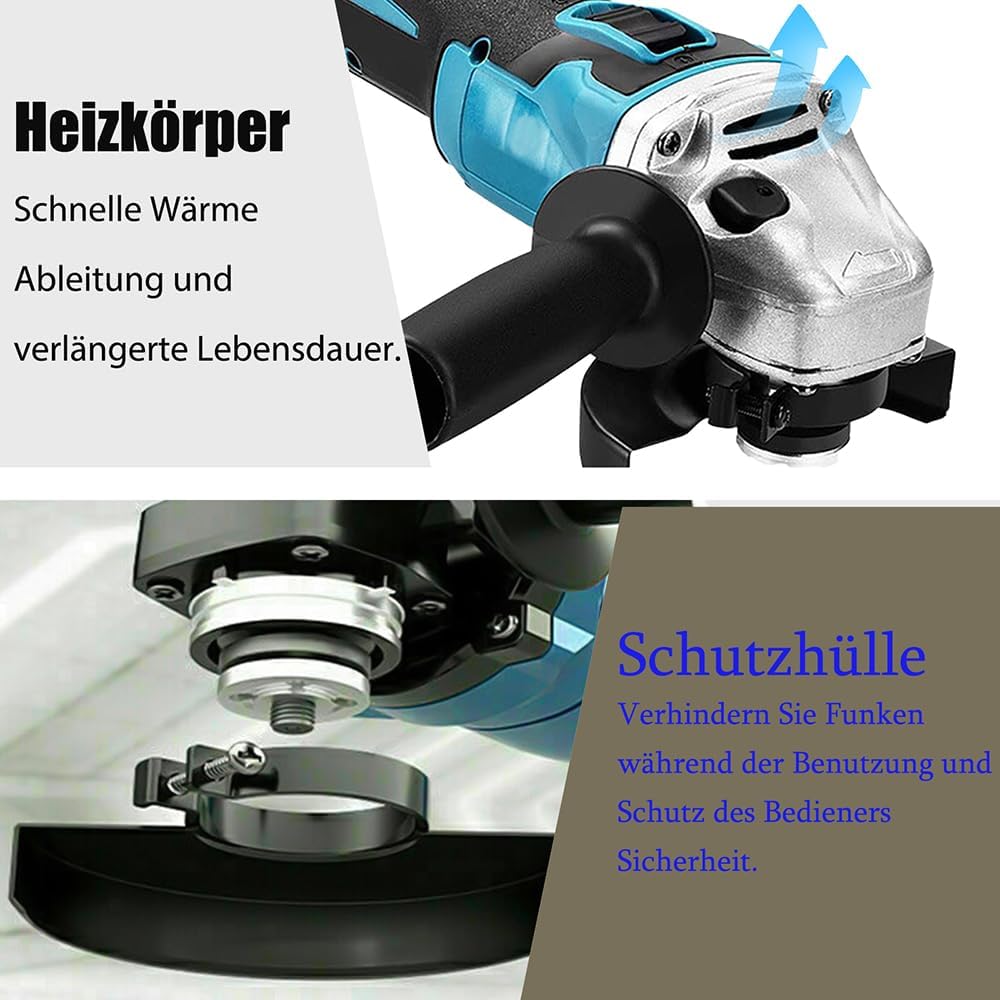 Bürstenloser Akku Winkelschleifer,Ersatz für Makita 18V Akku,11000U/min Elektro-Winkelschleifer,125