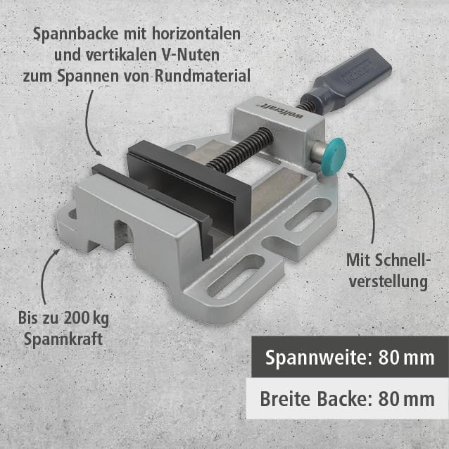 wolfcraft I 3423000 I Maschinenschraubstock I mit Schnellverstellung; Stahlbacke mit horizontalen V-