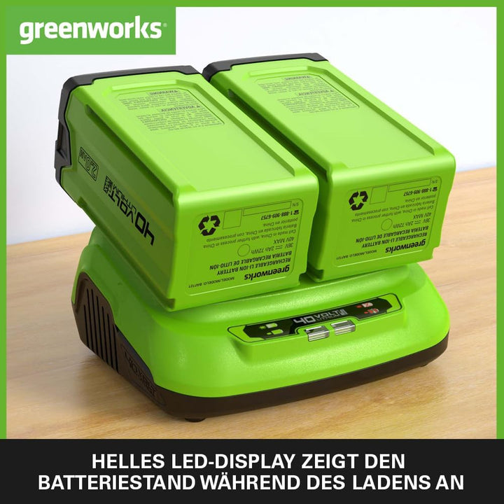 Greenworks 40V 8A Doppellader Akku Ladegerät - Universal Batterieladegerät für Greenworks Garten- &