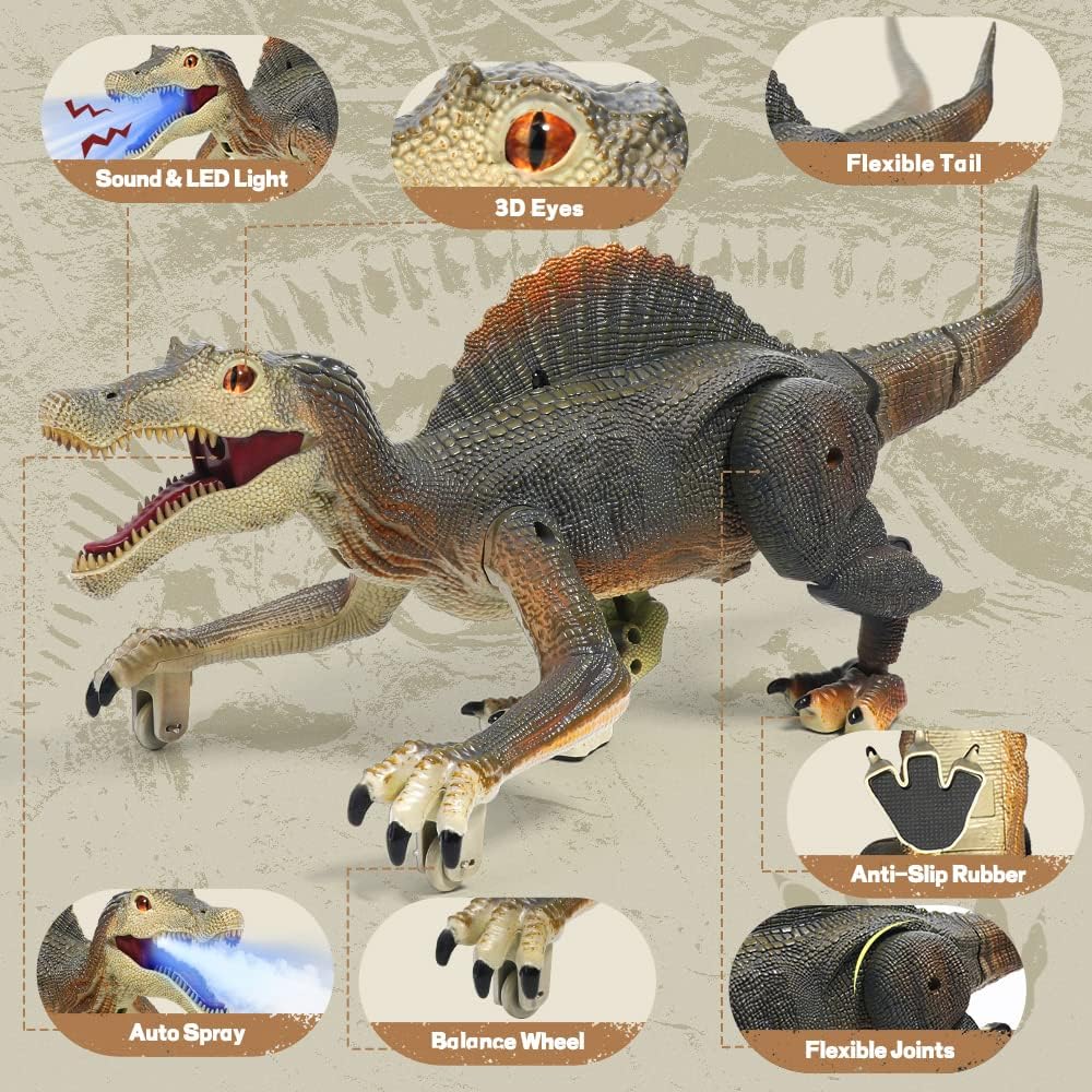FRUSE Fernbedienung Dinosaurier Spielzeug,Dino Ferngesteuert mit Licht Verfolgung,Sprühnebel,Wiedera