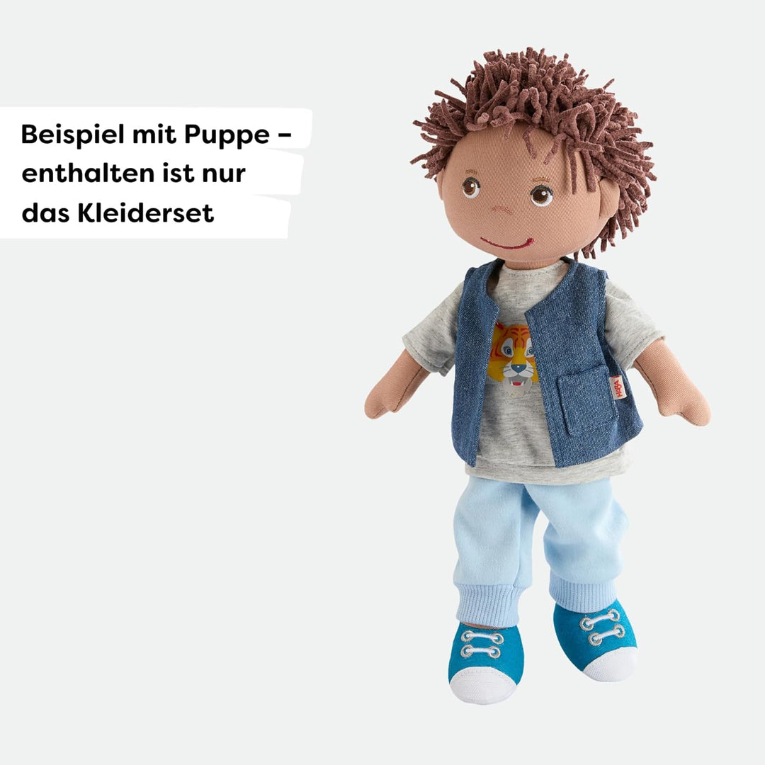 HABA Kleiderset Tiger – Puppenkleidung-Set, T-Shirt mit Weste &amp; Hose, für 30 cm Puppen, Mehrfarbig,