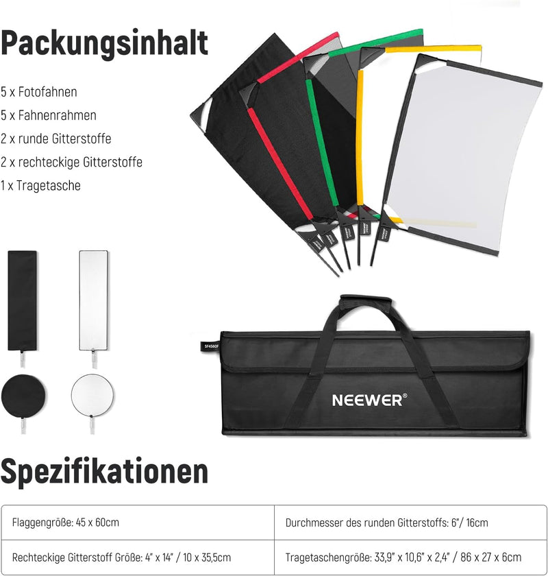 NEEWER Faltbares Gitter Flaggen Set, 18x24Zoll/45x60cm,5 in 1 Fotografie Flaggen Panel,Lichtsreflekt