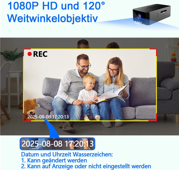 cuoum Mini Kamera-1080P HD Mini-Kamera mit Akku, 120°Weitwinkel Kleine Kamera, EIN Tasten Bedienung