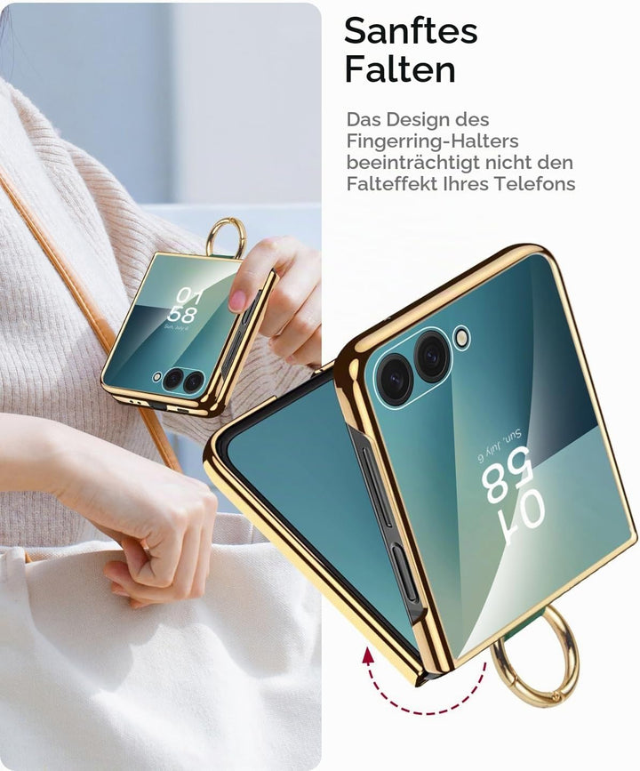 Miimall Lederhülle Kompatibel mit Samsung Galaxy Z Flip 7 Hülle mit Ring Ständer &amp; Kameraschutz [Lux