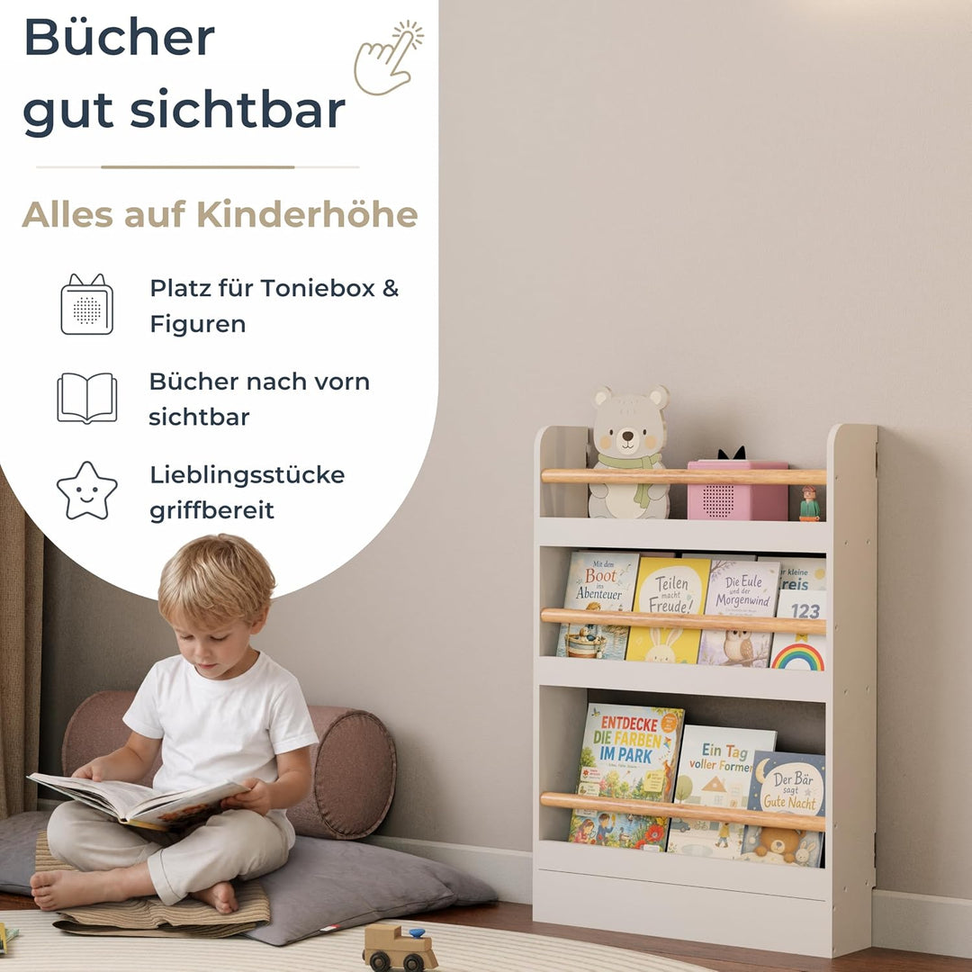 Bücherregal Kinder mit 3 Ablagen, Montessori Kinderbücherregal zur Wandmontage, Wandregal für Bücher