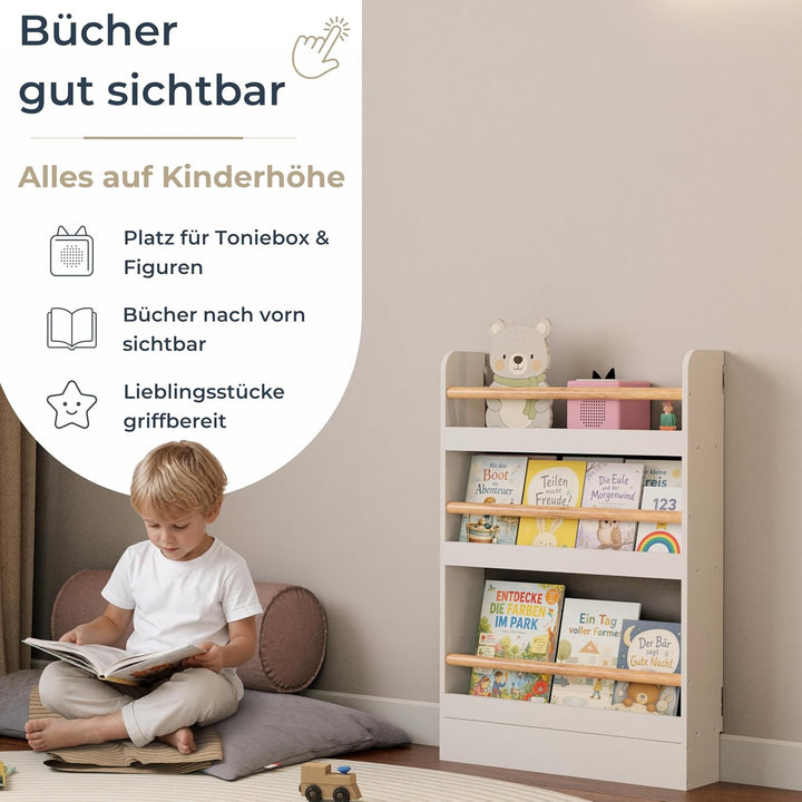 Bücherregal Kinder mit 3 Ablagen, Montessori Kinderbücherregal zur Wandmontage, Wandregal für Bücher