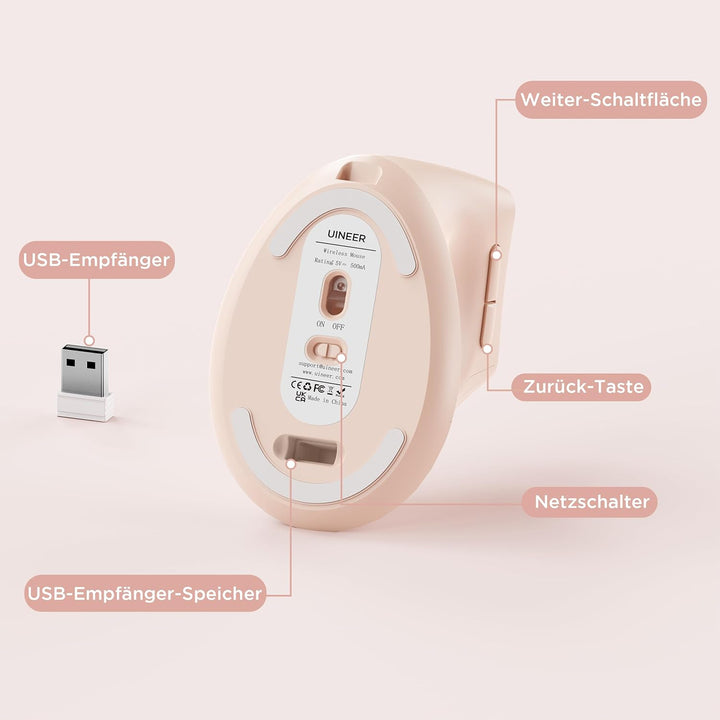 Uineer Vertikale Maus kabellos, 2,4G ergonomische Maus mit Akkuanzeige, 4 Stufen DPI, computermaus f