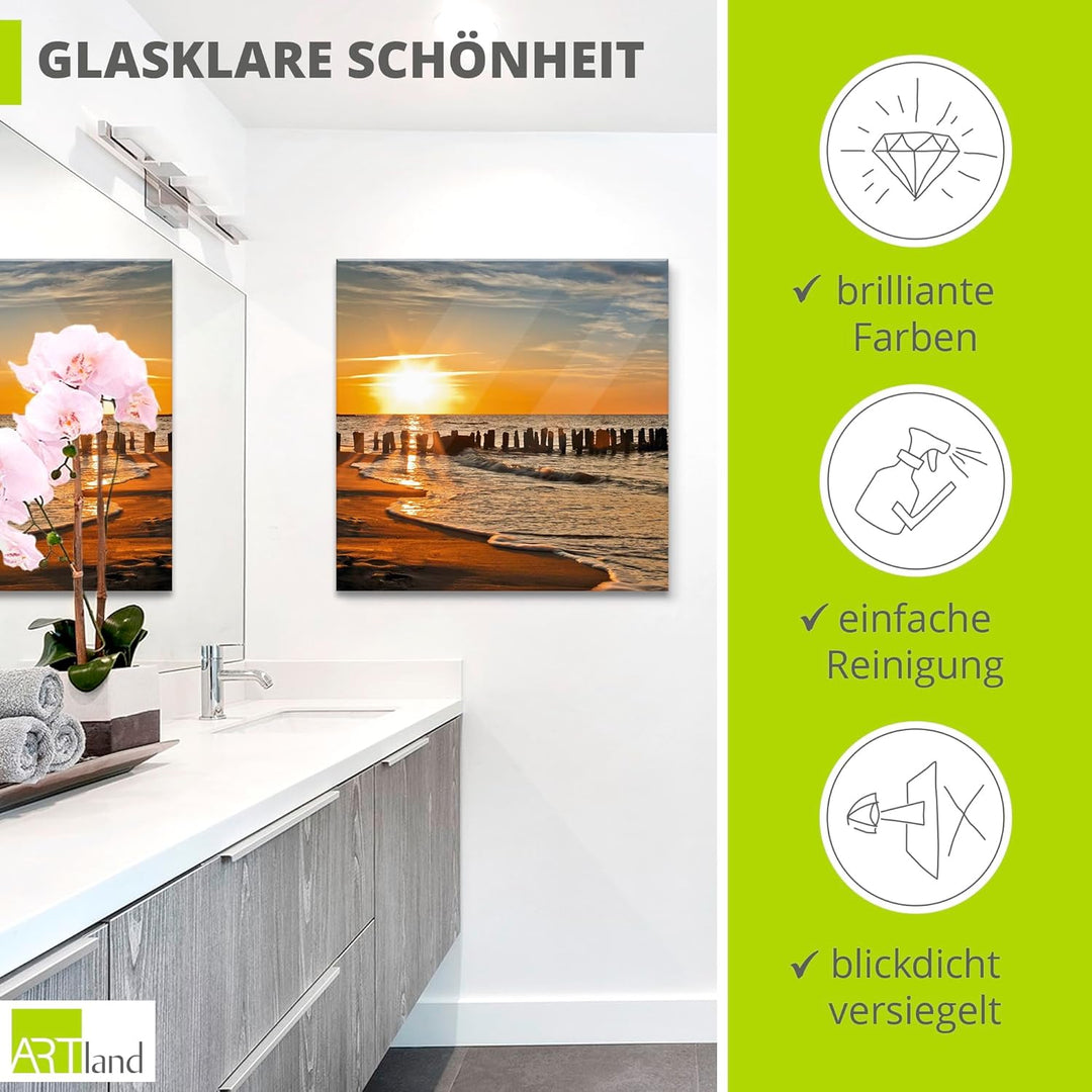 ARTland Glasbilder Wandbild Glas Bild einteilig 40x40 cm Quadratisch Strand Meer Küste Sonnenunterga