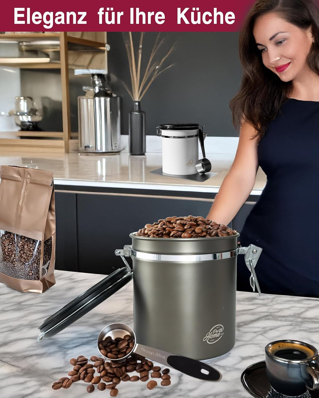 Kaffeedose luftdicht 500g - Gun Metal - Kaffeebohnen Vorratsbehälter 1,5L aus Edelstahl mit Kalender