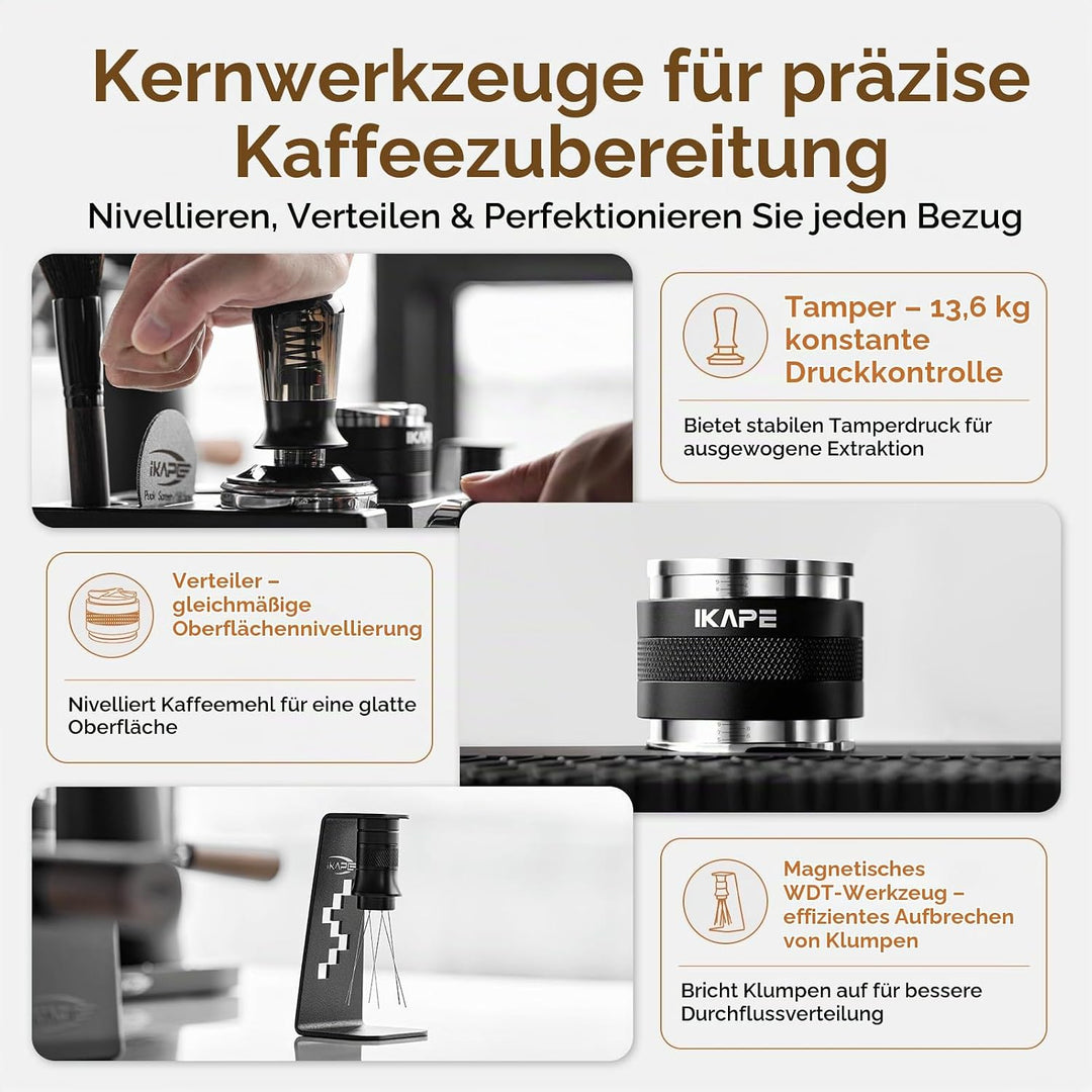 IKAPE 51 mm Espresso-Werkzeugset, schwarz, 8-in-1: Kaffeetamper, Verteiler, Magnettrichter, Pucksieb