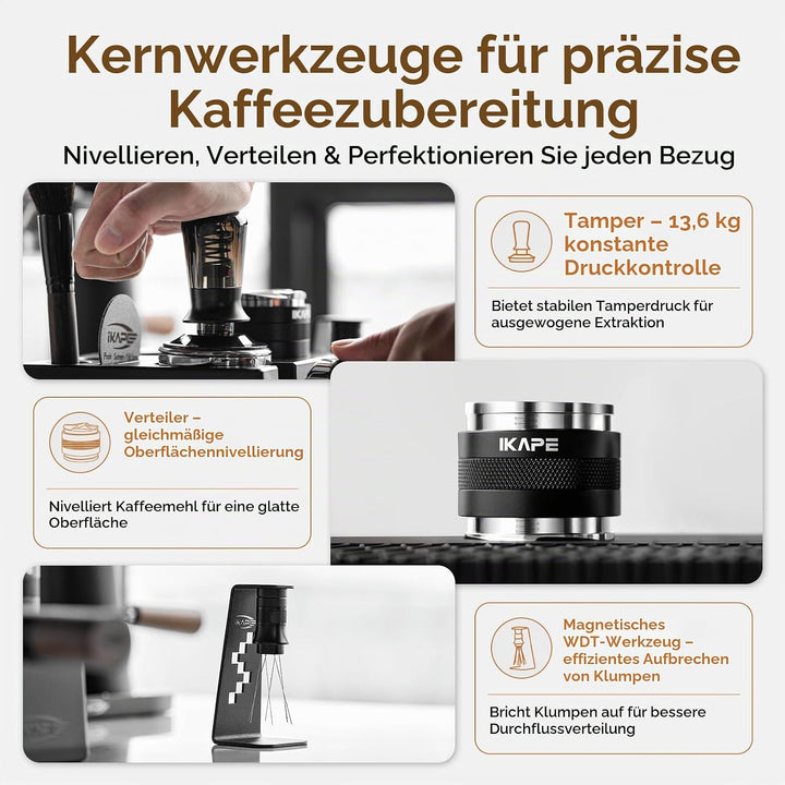 IKAPE 51 mm Espresso-Werkzeugset, schwarz, 8-in-1: Kaffeetamper, Verteiler, Magnettrichter, Pucksieb