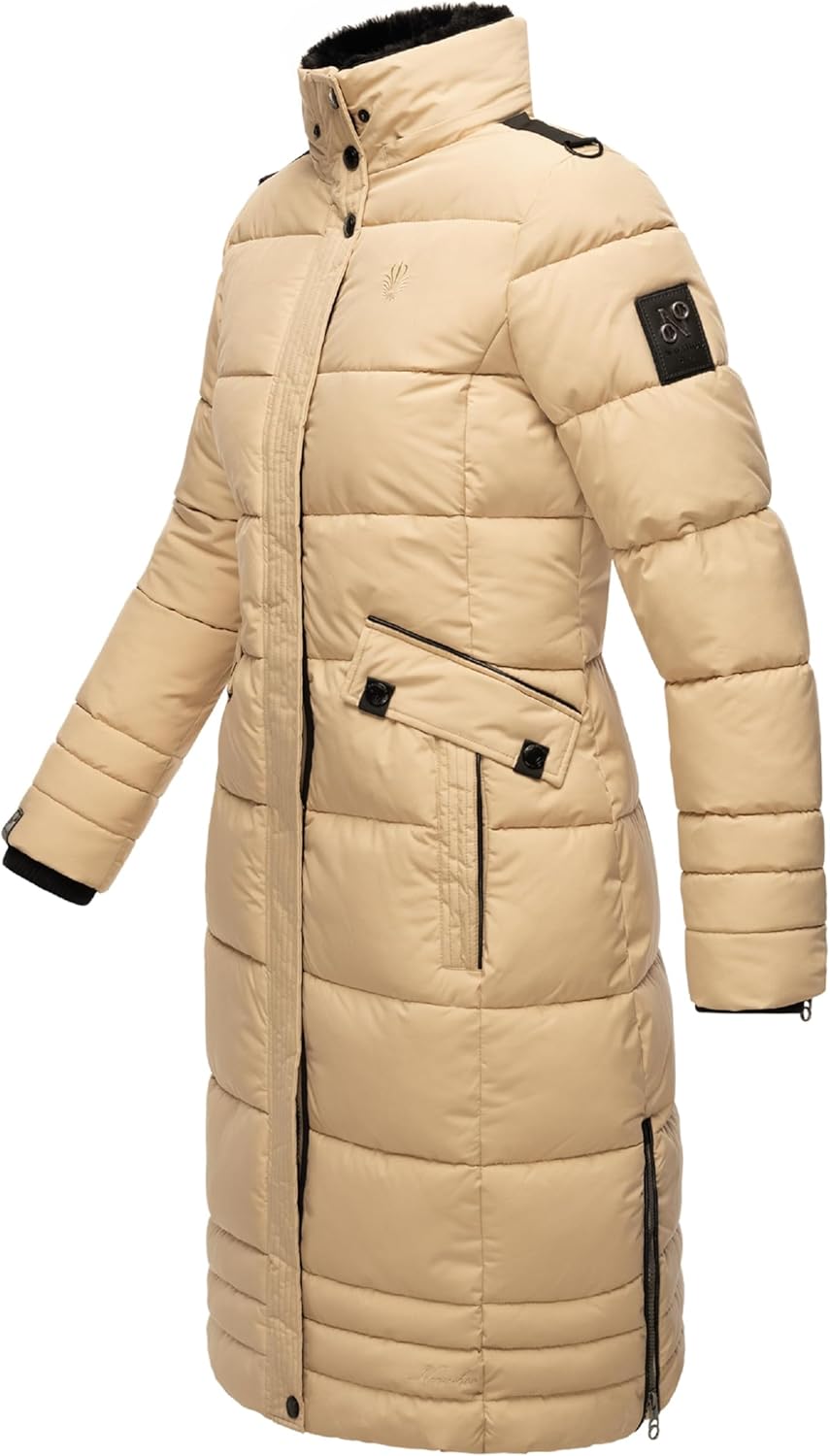 Navahoo Damen Wintermantel Warmer Steppmantel lang mit Abnehmbarer Kapuze Fahmiyaa XS-3XL M Beige, M