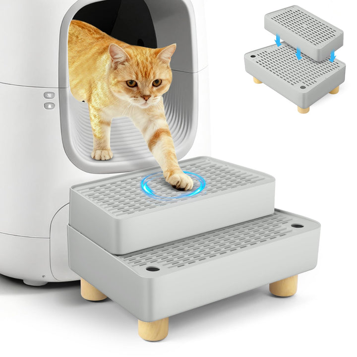 Verstellbare 2-stufige Katzentoilettenrampe, Katzen Treppen & Stufen mit Holzfüsse Filterfunktion, l