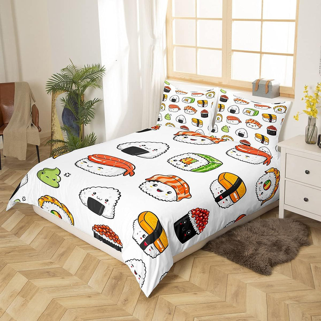 Loussiesd Sushi Muster Bettbezug Set Japanischer Stil Bettwäsche Set 135x200cm für Kinder Jungen Mäd