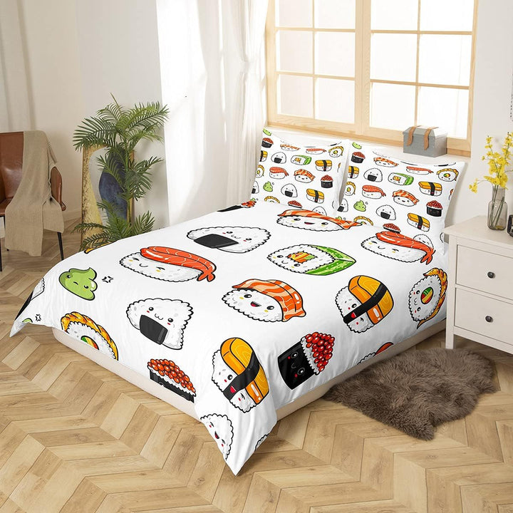 Loussiesd Sushi Muster Bettbezug Set Japanischer Stil Bettwäsche Set 135x200cm für Kinder Jungen Mäd