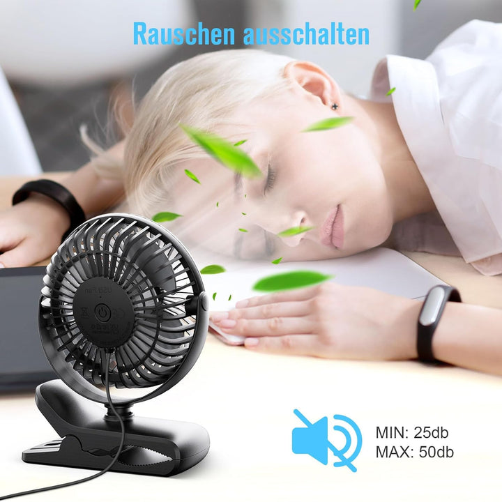 HONYIN Mini Ventilator mit Clip, 720 Grad Drehung Kleiner USB Ventilator, Starke + Stabile Klammer,