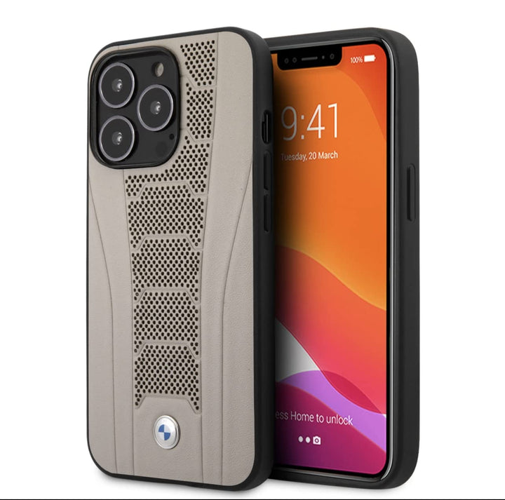 BMW Handyhülle für iPhone 13 Pro in Beige mit perforierten geprägten Linien, Echtleder Schutzhülle &
