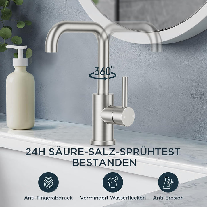 FORIOUS Wasserhahn Bad Hoch 360° Drehbar, Edelstahl Waschtischarmatur Hoch mit Warm/Kaltwasser Misch