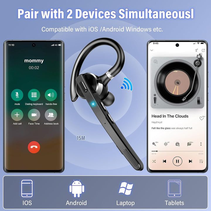 Bluetooth Headset V5.3, Wireless Freisprech Telefon mit CVC 8.0/ENC Dual Mic, APTX, Mute Zwei-Geräte