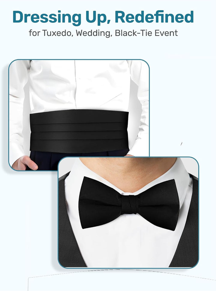 Herren-Set aus Satin mit Fliege und Kummerbund Schwarz, Schwarz