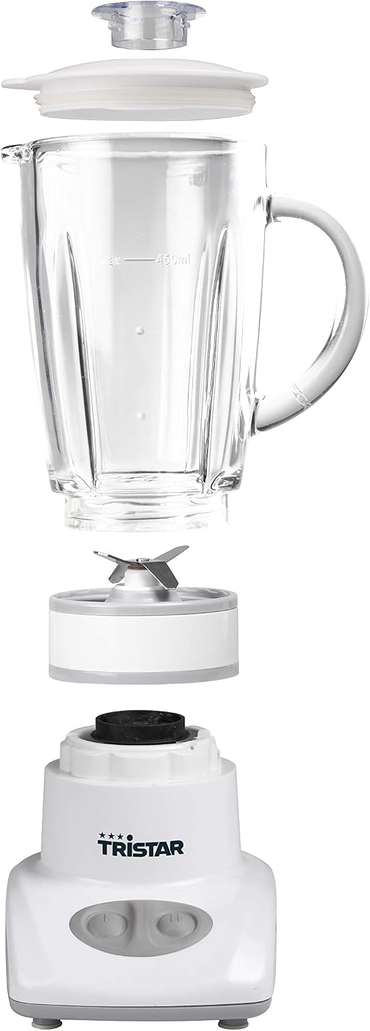 Tristar BL-4431 Mixer – Edelstahlklingen – 2 Geschwindigkeiten - 450 ml Glaskanne - Kompakt