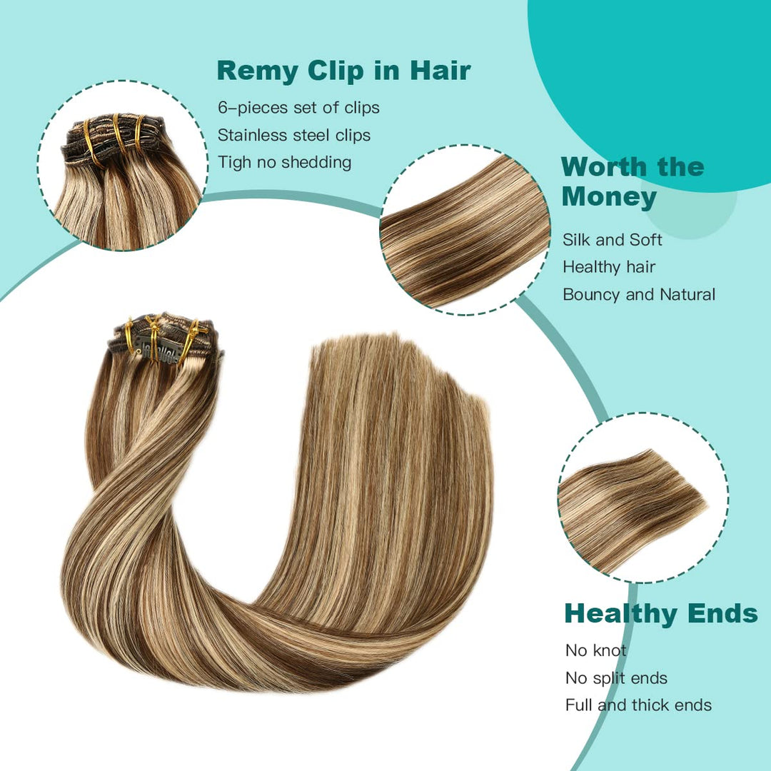 SURNEL Clip in menschlichen Haarverlängerungen Shedding frei Tangle frei Farbe Medium braun hervorge