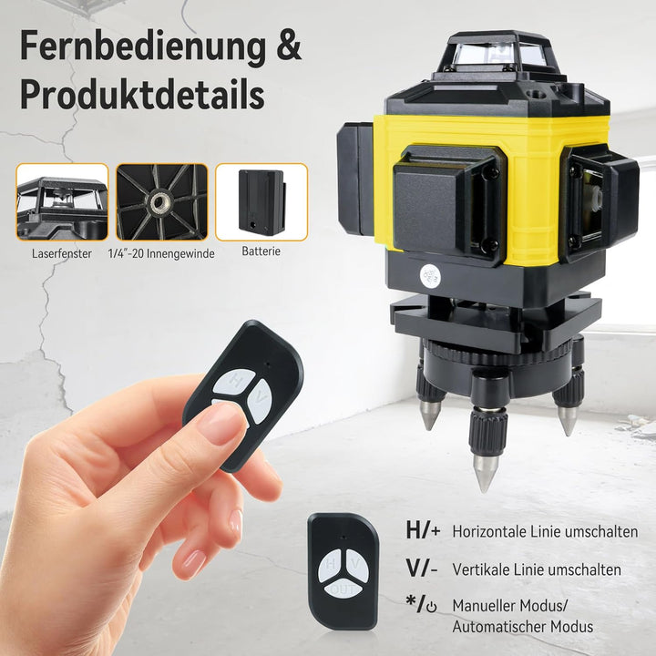 Laser Wasserwaage Kreuzlinienlaser wmit Stativ – Selbstnivellierender Rotationslaser 16 Linien 360°,