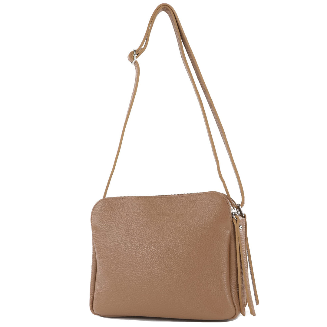 modamoda de - T232 - ital. Damen Umhängetasche Leder Medium Blassbraun, Blassbraun