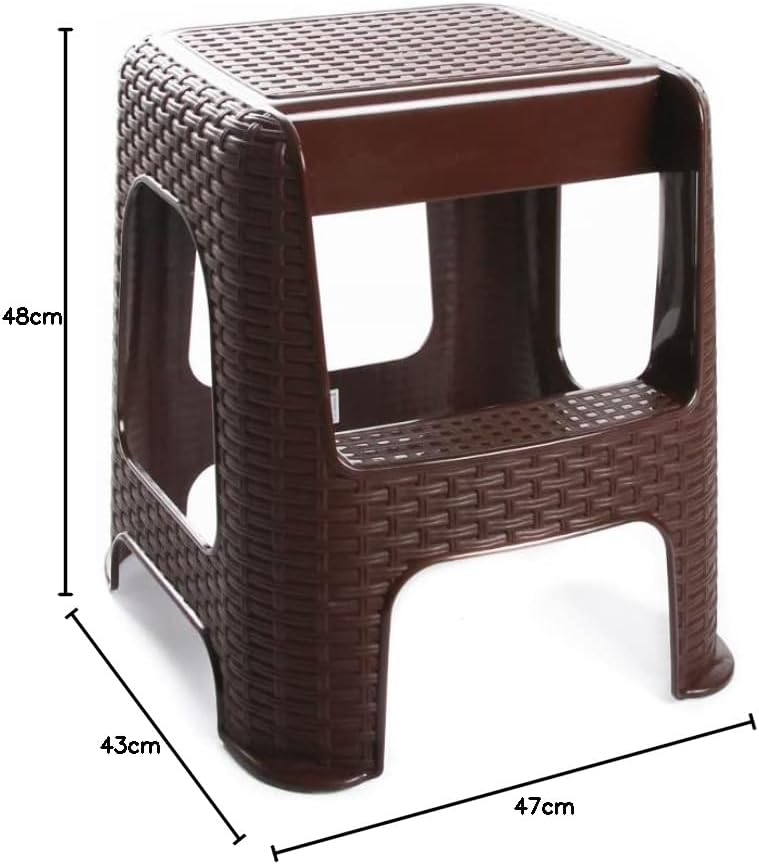 Tritthocker Hocker mit Trittleiter Sitzhocker Tisch Stuhl Höhe 48cm Rattan Optik Braun Stufenhocker