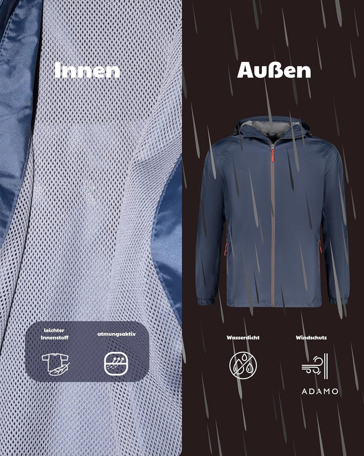 ADAMO Regenjacke Herren wasserdicht atmungsaktiv, Outdoor Jacke in Übergrösse mit Kapuze aus 100% sc