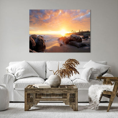 Bilder auf Leinwand 100x70cm Leinwandbild mit Rahmen Meer Strand Felsen Gross Wanddeko Bild Schlafzi