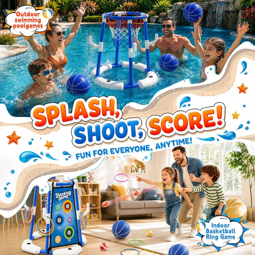 3-In-1 Pool Basketballkorb Outdoor, Schwimmender Basketballkorb, Pool Spielzeug Mit 4 Basketbälle,12