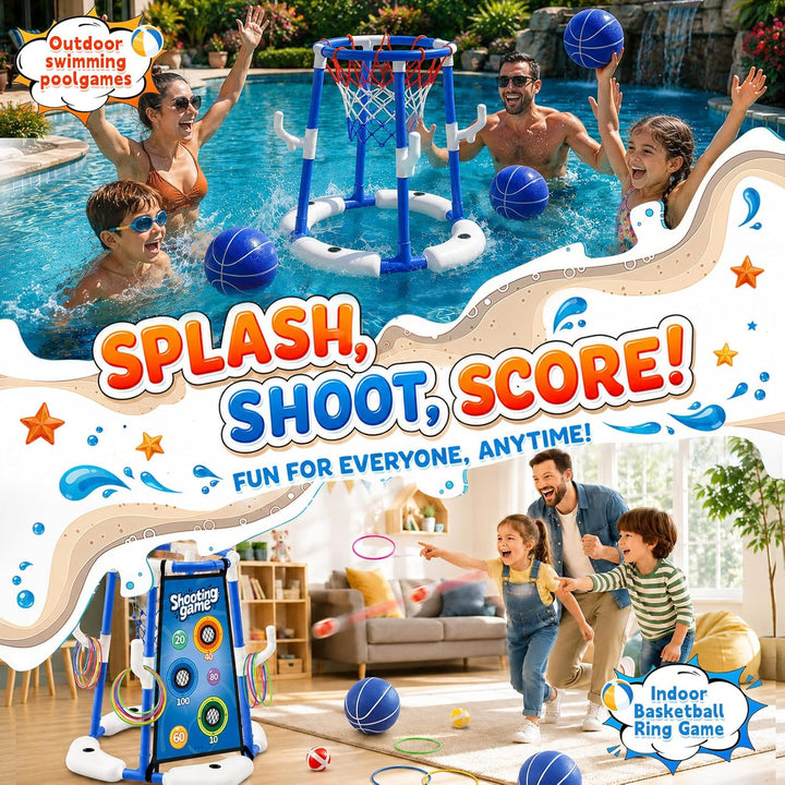 3-In-1 Pool Basketballkorb Outdoor, Schwimmender Basketballkorb, Pool Spielzeug Mit 4 Basketbälle,12