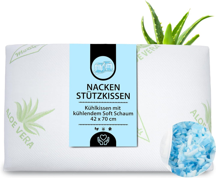 MaxxGoods Nackenstützkissen 42x70cm aus Gel-Schaum-Sticks + Baumwollbezug Aloe Vera Bezug - Kühlkiss