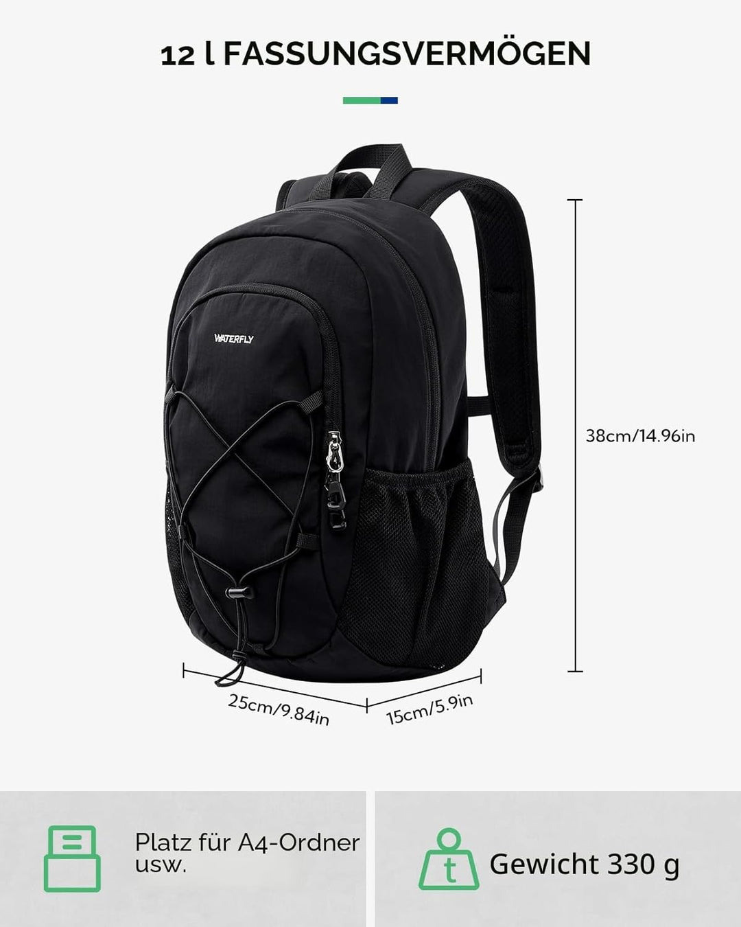 WATERFLY Rucksack Klein Wanderrucksack 12L: Leicht Tagesrucksack Mini Sport Backpack Outdoor Daypack