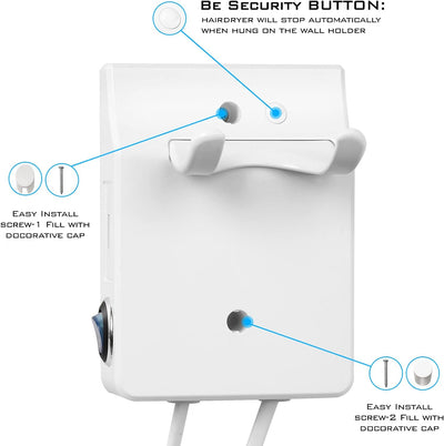 QL Haartrockner Ionen mit Wandhalterung und USB-Steckdose,Föhn mit ThermoProtect Technologie 2000wat