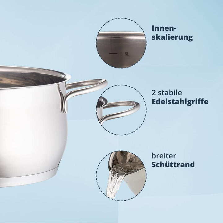 KHG Topfset Induktion aus rostfreiem Edelstahl | 5-teilig inklusive Glasdeckel mit Dampfloch | Kocht
