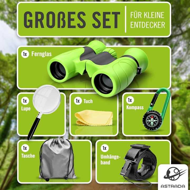 ASTRADA® Fernglas für Kinder [XXL Entdecker-Set] Robustes Kinderfernglas ab 3 Jahre mit Lupe, Kompas